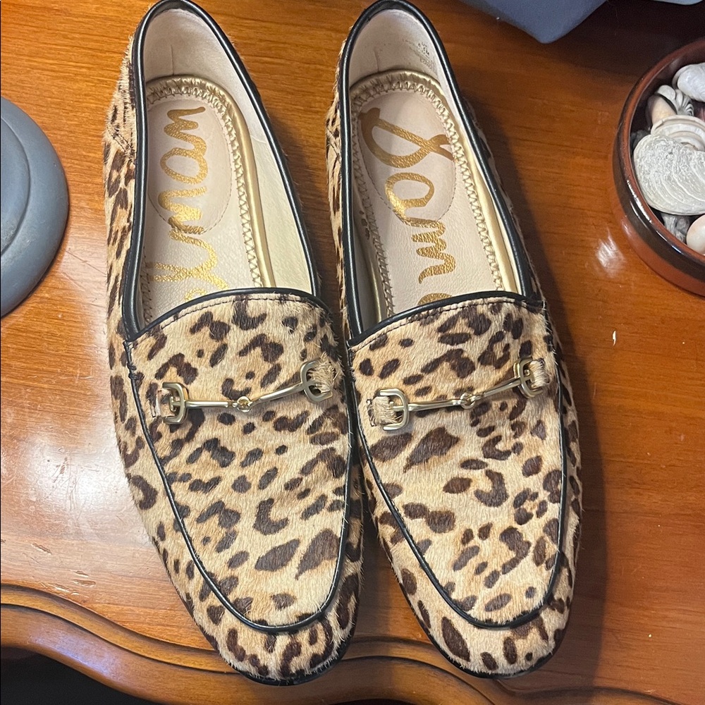 Sam Edelman Leopard Print Calf Horsebit Loafers with Black Trim and Gold Logo